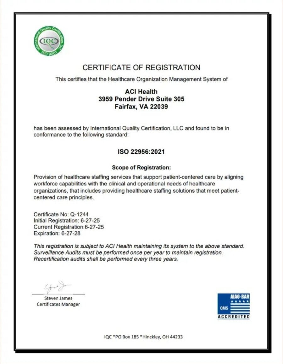 ISO 22956:2021 certificate of registration for ACI Health